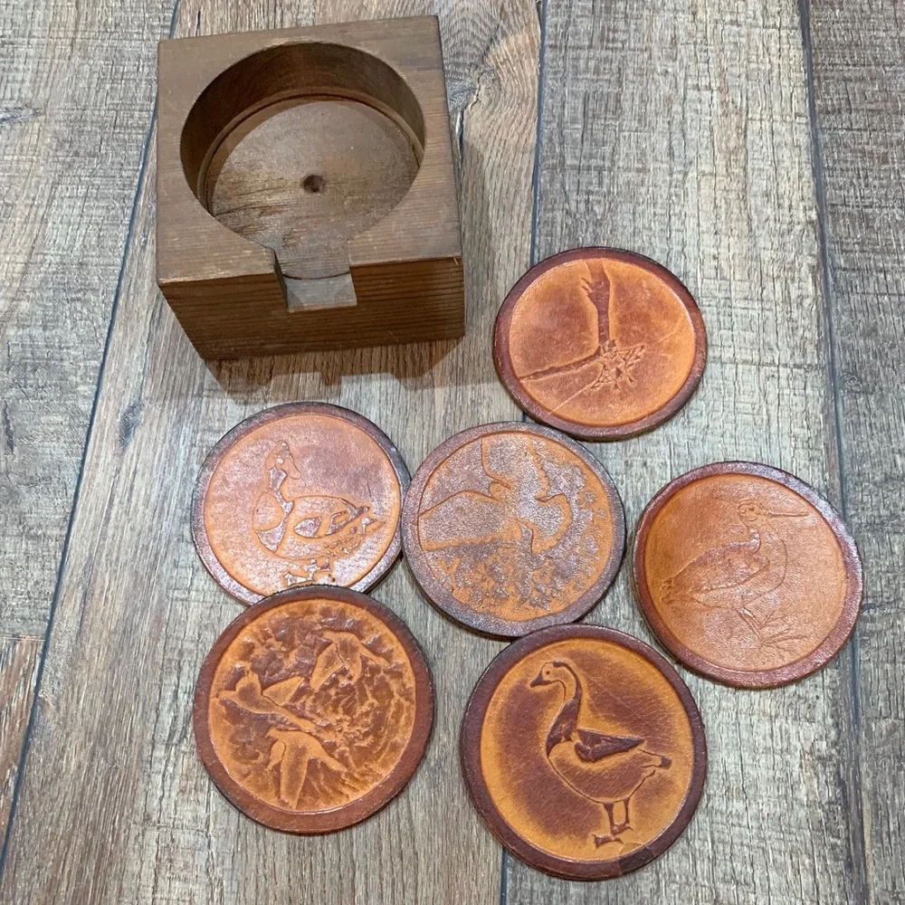Vintage Fish Enterprises Leather Bird Embossed Drink Coasters Duck Mallard Bar